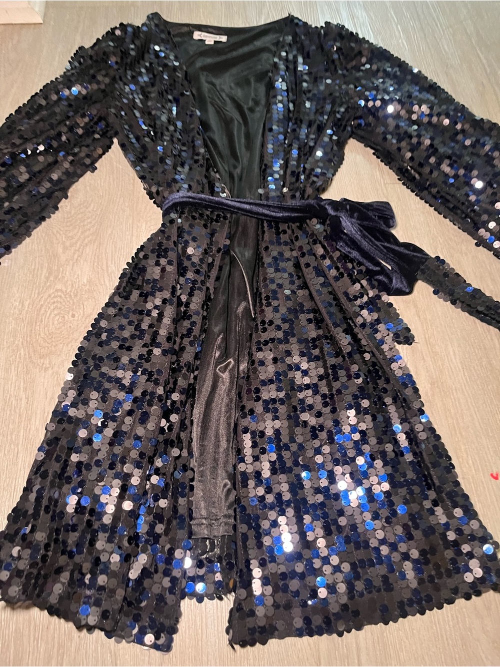 Nanette Lepore Navy Sequin Wrap Cardigan Dress with Velvet Belt 12